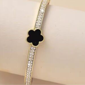 Gold-Tone Bracelet with Black Clover & Crystal Accents | New